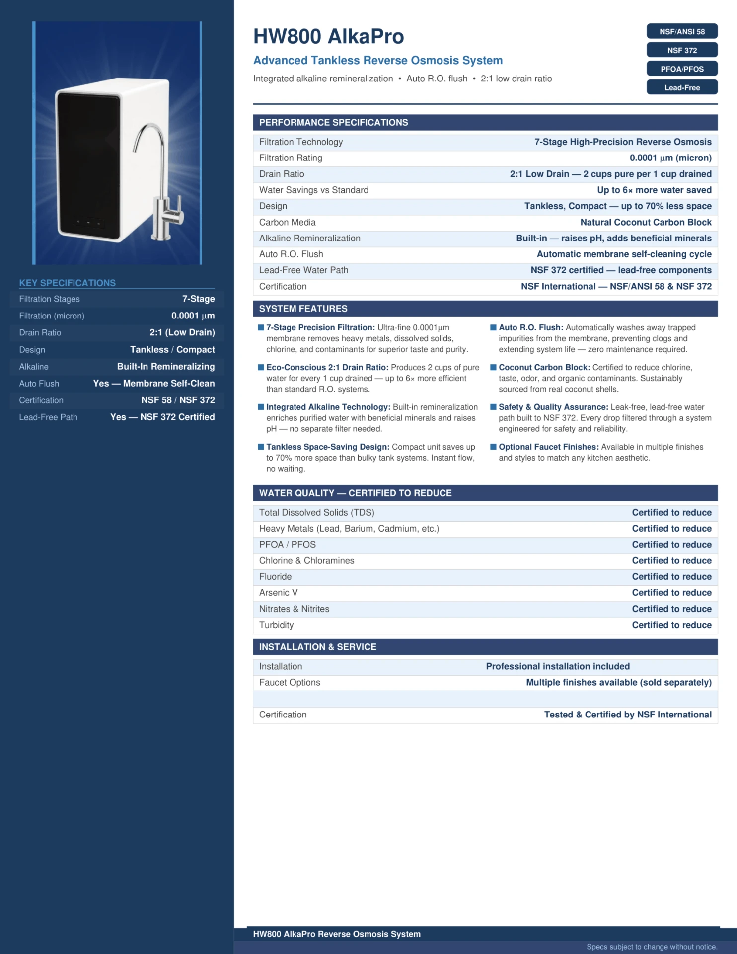 HW800 AlkaPro Tankless RO product sheet